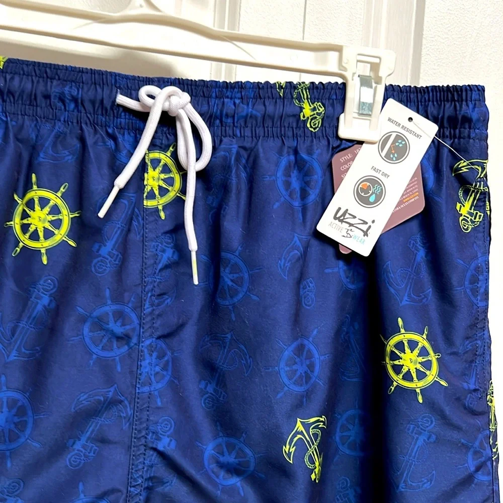 UZZI Navy Blue Anchor Print Water Resistant Active Swim Trunks Mens Size 2XL NWT